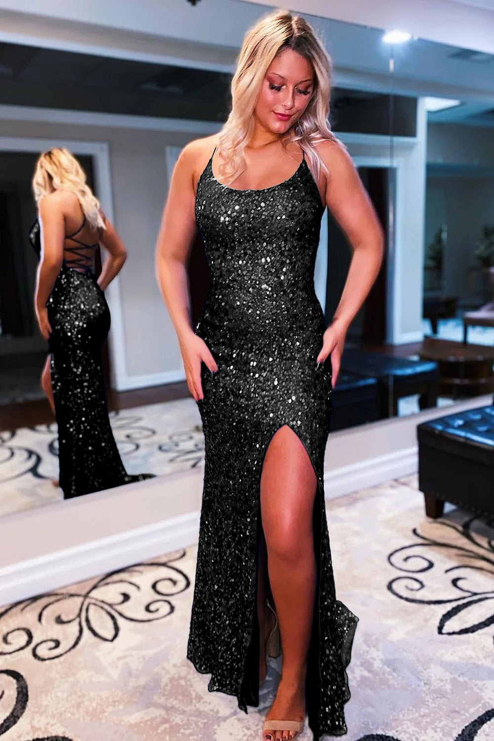 Long Royal Blue Prom Dress with Sparkly Sequins Backless Design and Slit