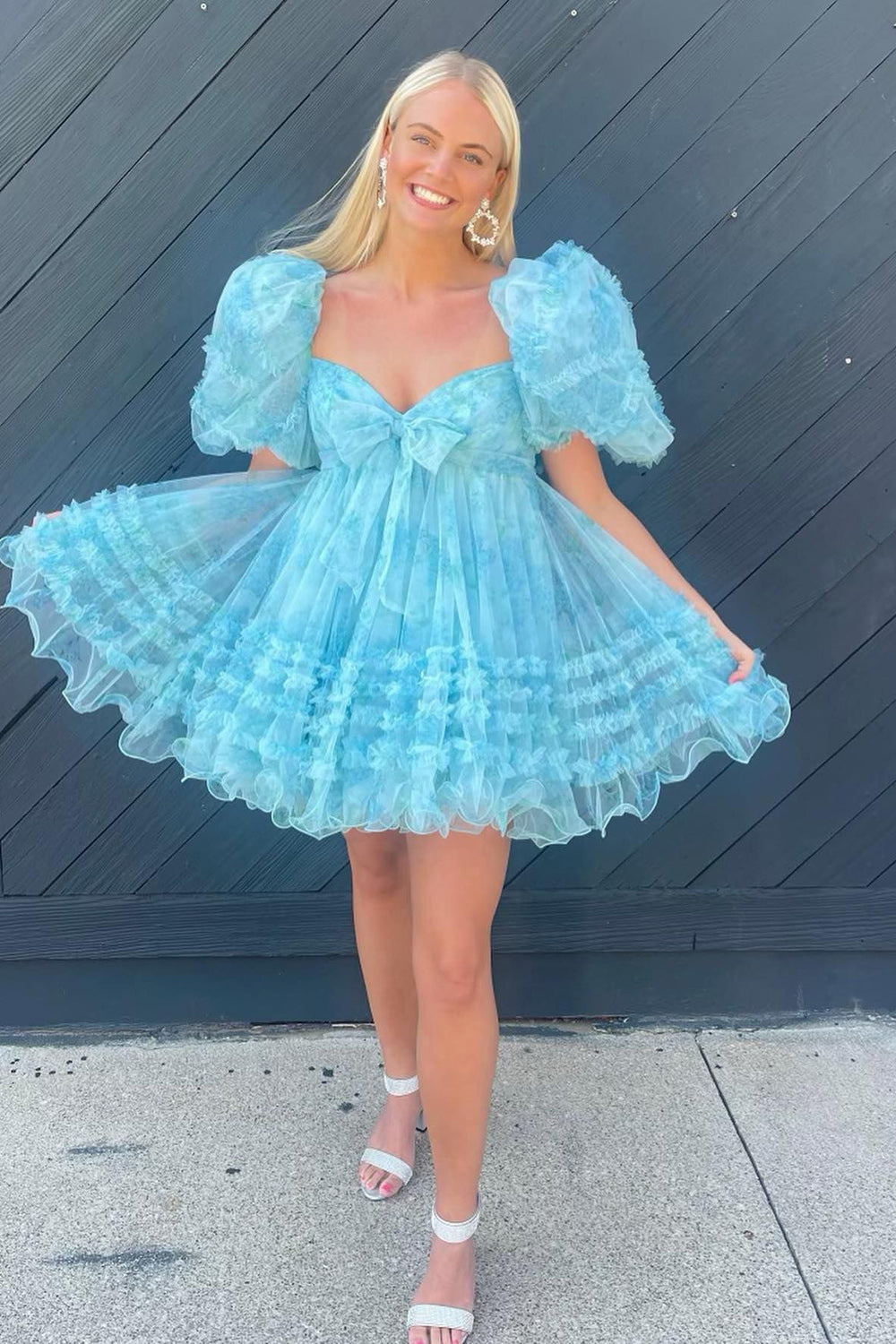 Dark Blue Puff Sleeves A-Line Floral Short Homecoming Dress/Mini Dress with Ruffles