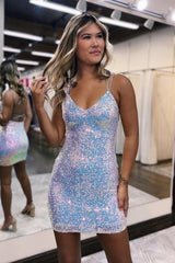 Sparkly White Sequins Spaghetti Straps Criss-Cross Straps Back Tight Homecoming Dress/Mini Dress