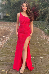 Red One-Shoulder Long Prom Dress with Beaded Sheath