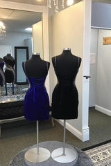 Glitter Royal Blue Velvet Tight Short Homecoming Dress/Mini Dress with Slit