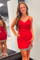 Black Spaghetti Straps Tight Short Homecoming Dress/Mini Dress with Fringes