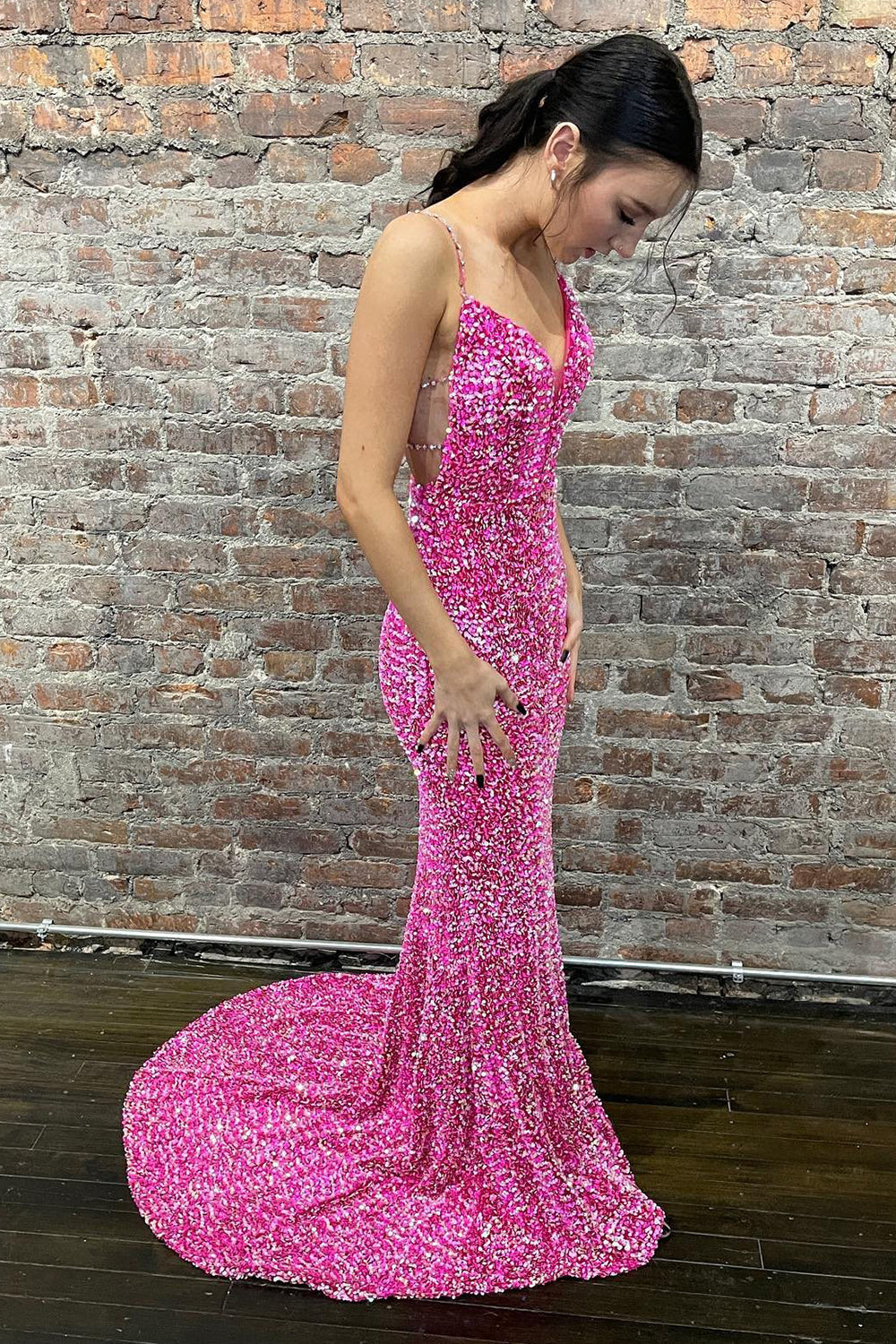 Hot Pink Backless Prom Dress with Mermaid Spaghetti Straps