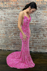 Hot Pink Backless Prom Dress with Mermaid Spaghetti Straps