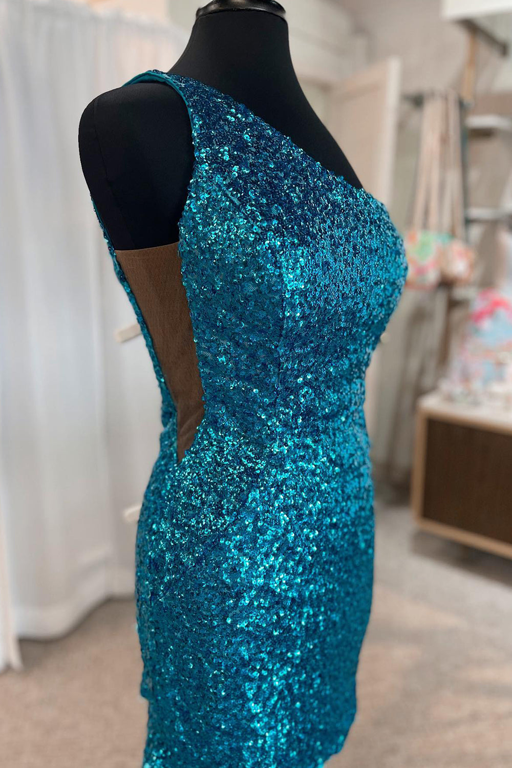 Sparkly Blue Sequined One Shoulder Tight Short Homecoming Dress/Mini Dress