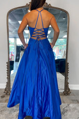 Long Blue Prom Dress with Criss Cross Back in A-Line Halter Style