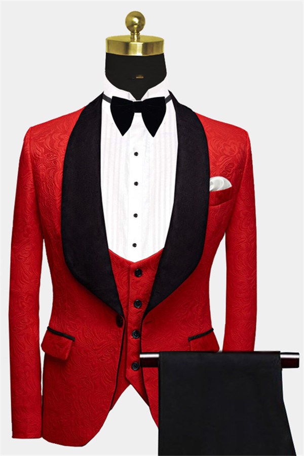 Red Floral Tuxedo Three-Piece Prince Suit for Groom with Black Lapel
