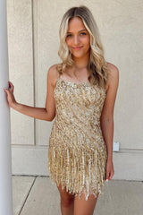Sparkly Hot Pink Spaghetti Straps Sequins Fringed Tight Short Hoco Dress