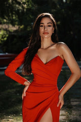 Red Sweetheart Slit Mermaid Evening Dress With One Sleeve