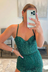 Asymmetrical Prom Dress with Green Spaghetti Straps