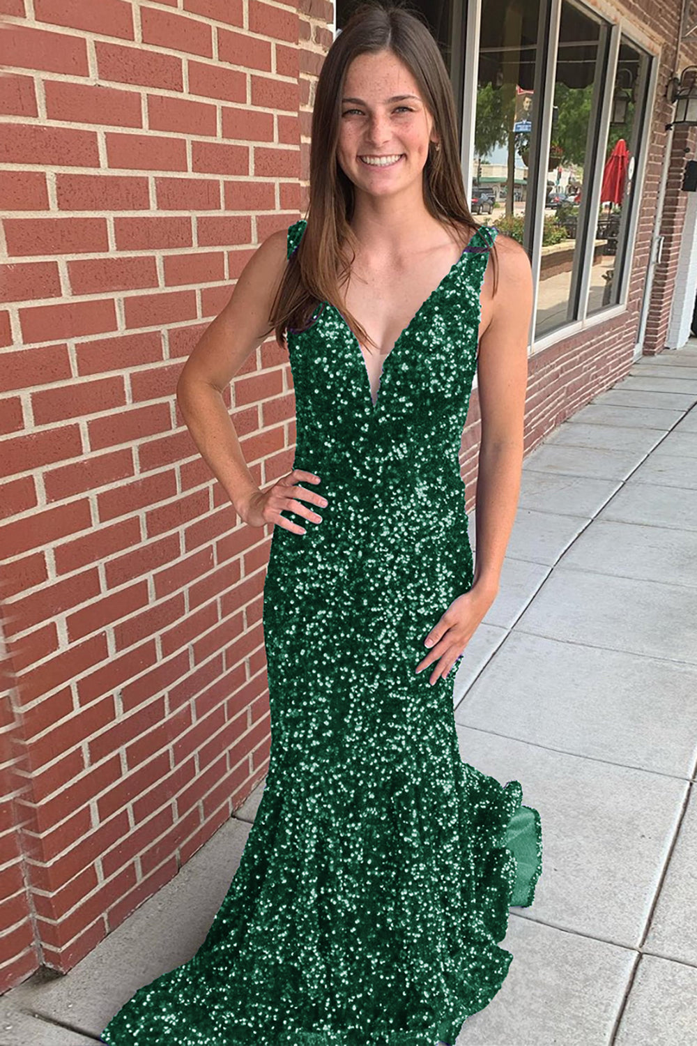 Long Prom Dress with Sequins in Mermaid Blue V-Neck