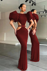Mermaid Shine Puff Sleeves Evening Dress Black