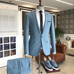 Sky Blue Peaked Lapel Wedding Suits with Three Flaps