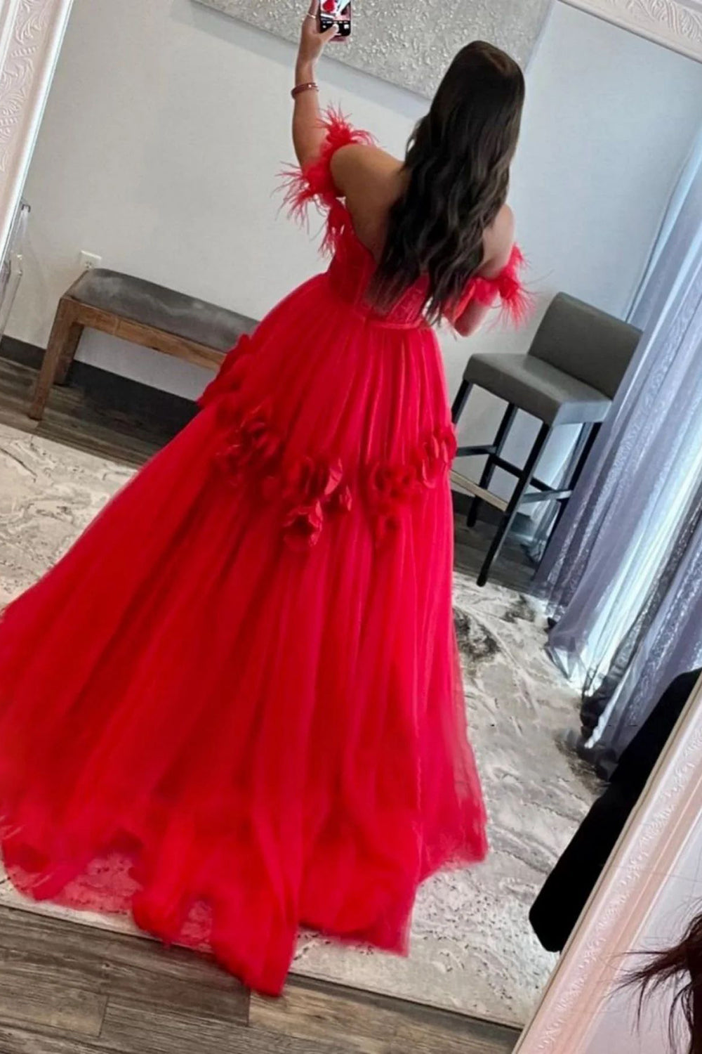 Long Red Prom Dress with Feathers in an Off-the-Shoulder A-Line Design