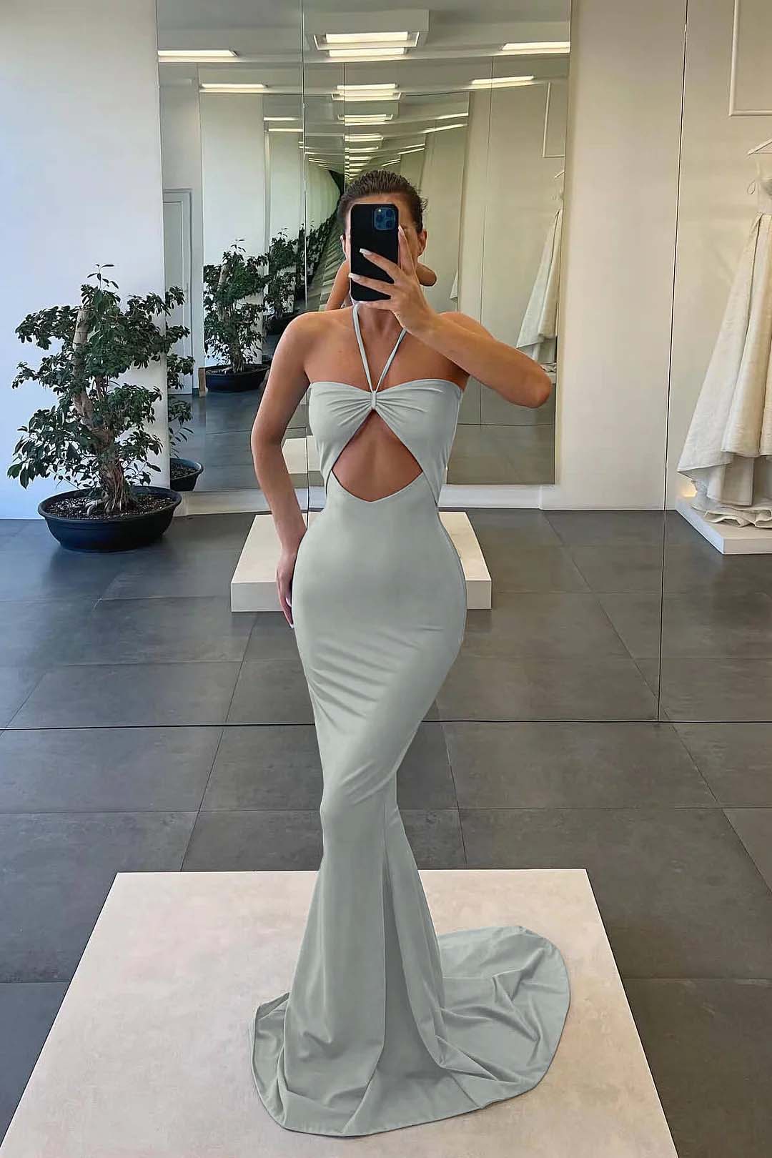 Strapless Blue Mermaid Evening Dress With Sleeveless Halter