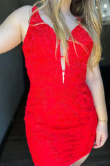 Red V-Neck Lace Tight Short Homecoming Dress/Mini Dress
