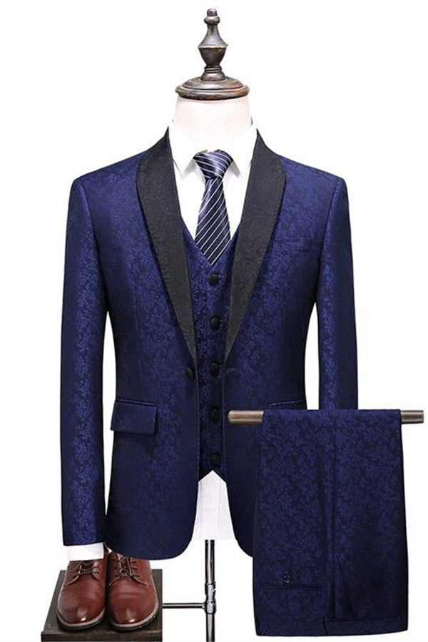 Navy Blue Three-Piece Groomsman Suit Tuxedo with Shawl Lapel