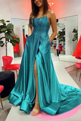 Glittery Green Prom Dress with A-line Cut and Slit