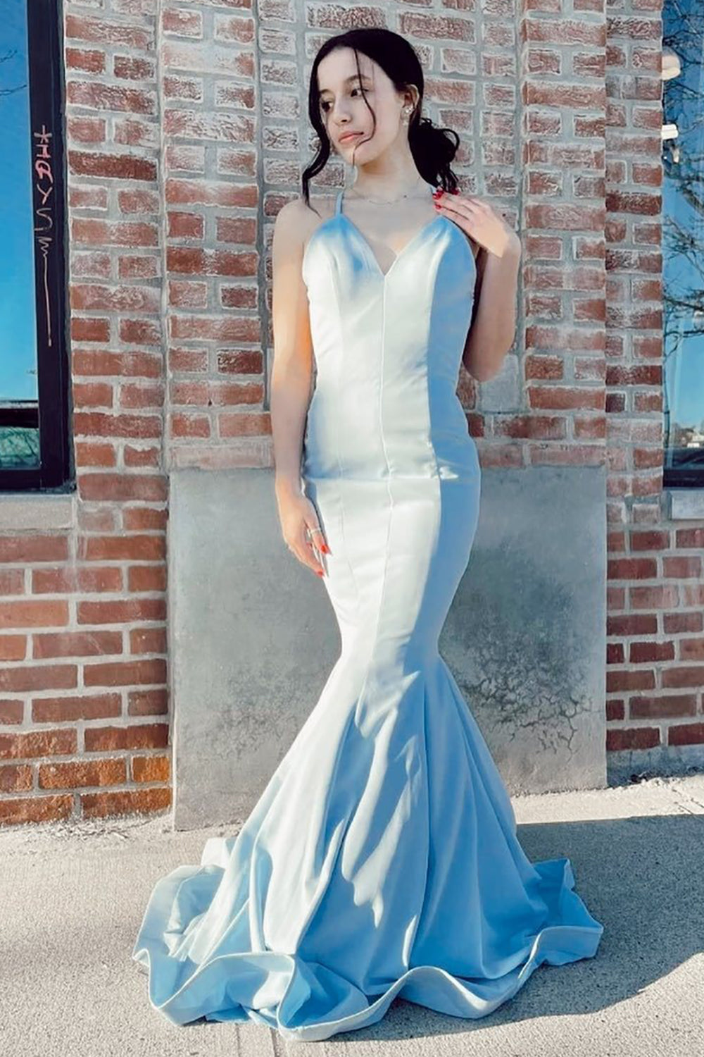 Light Blue Long Prom Dress with Mermaid Spaghetti Straps and Open Back