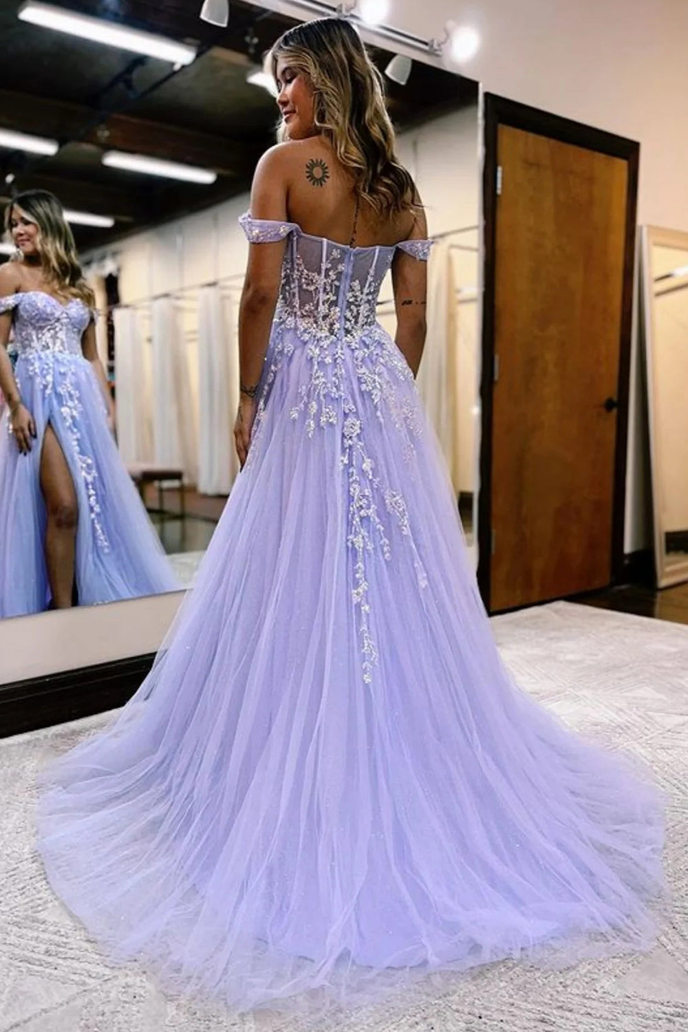 Long A-Line Prom Dress with Lilac Sparkly Sequins and Slit
