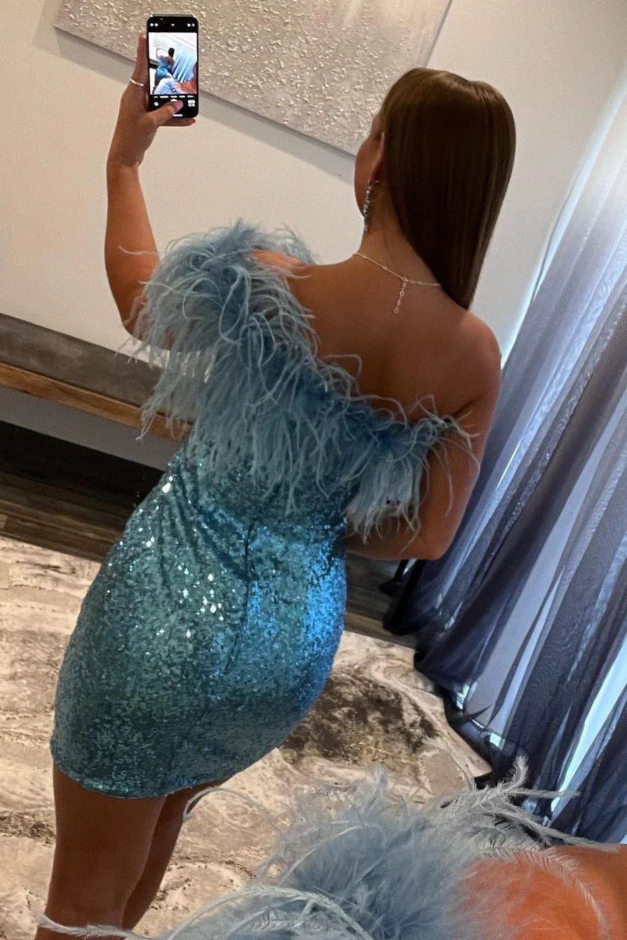 Black One Shoulder Sequins Short Homecoming Dress/Mini Dress with Feathers