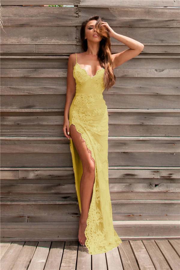 Spaghetti-Strap Lace Evening Dress With Slit