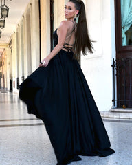 Spaghetti-Straps Dark Navy Evening Dress With Slit