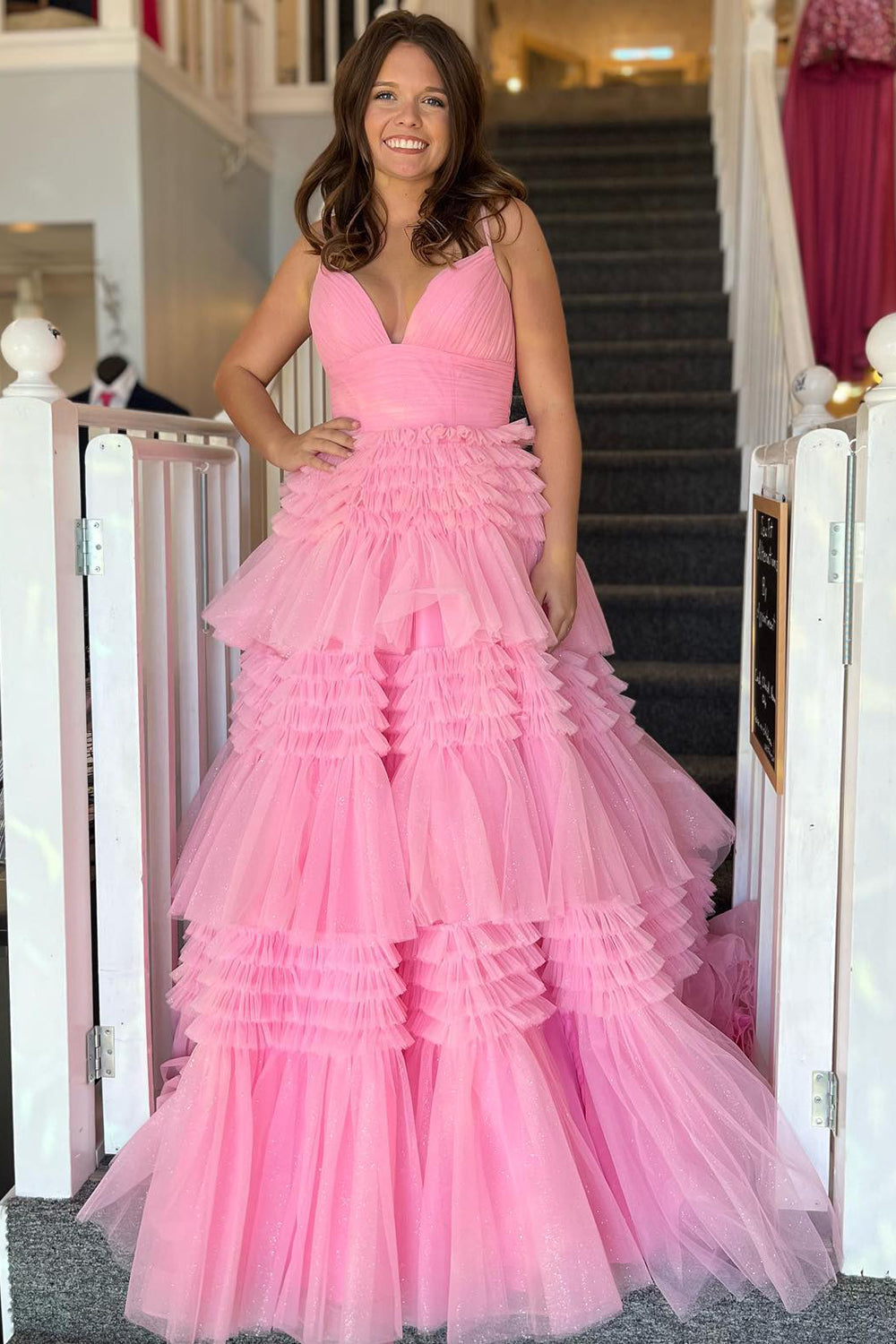 Long Prom Dress in Light Purple Tulle with Tiered Layers and Spaghetti Straps Featuring a Slit
