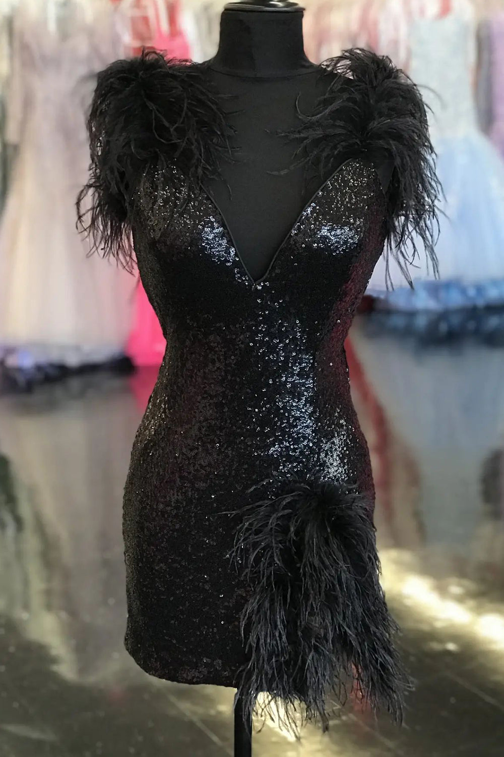 Sparkly Black Sequins Tight Short Homecoming Dress/Mini Dress with Feathers