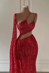 Burgundy One Shoulder Mermaid Formal Dress With Long Ruffles Sequins Split