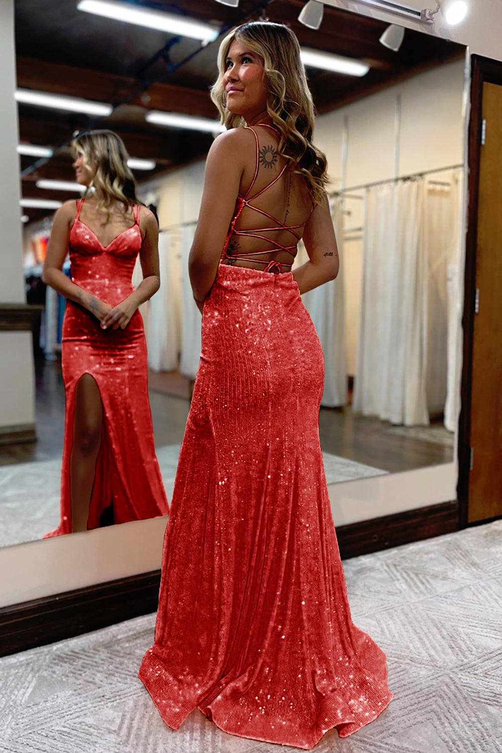 Orange Sequins Long Prom Dress with Mermaid Spaghetti Straps and Front Split