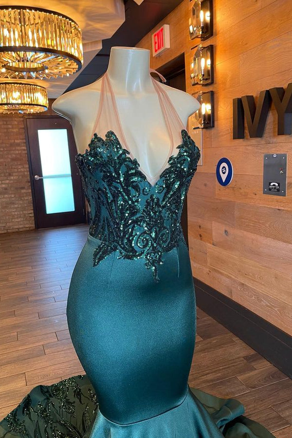 Dark Green Sleeveless Halter Mermaid Evening Dress