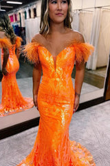 Orange Long Prom Dress with Feathers 鈥?Off-the-Shoulder Mermaid Style
