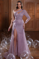 Shallow Purple One Shoulder Long Sleeve Slit Mermaid Evening Dress With Sequins and Beadings