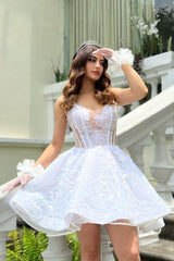 White Spaghetti Strap Sleeveless A Line Short Formal Dress With Flower Appliques