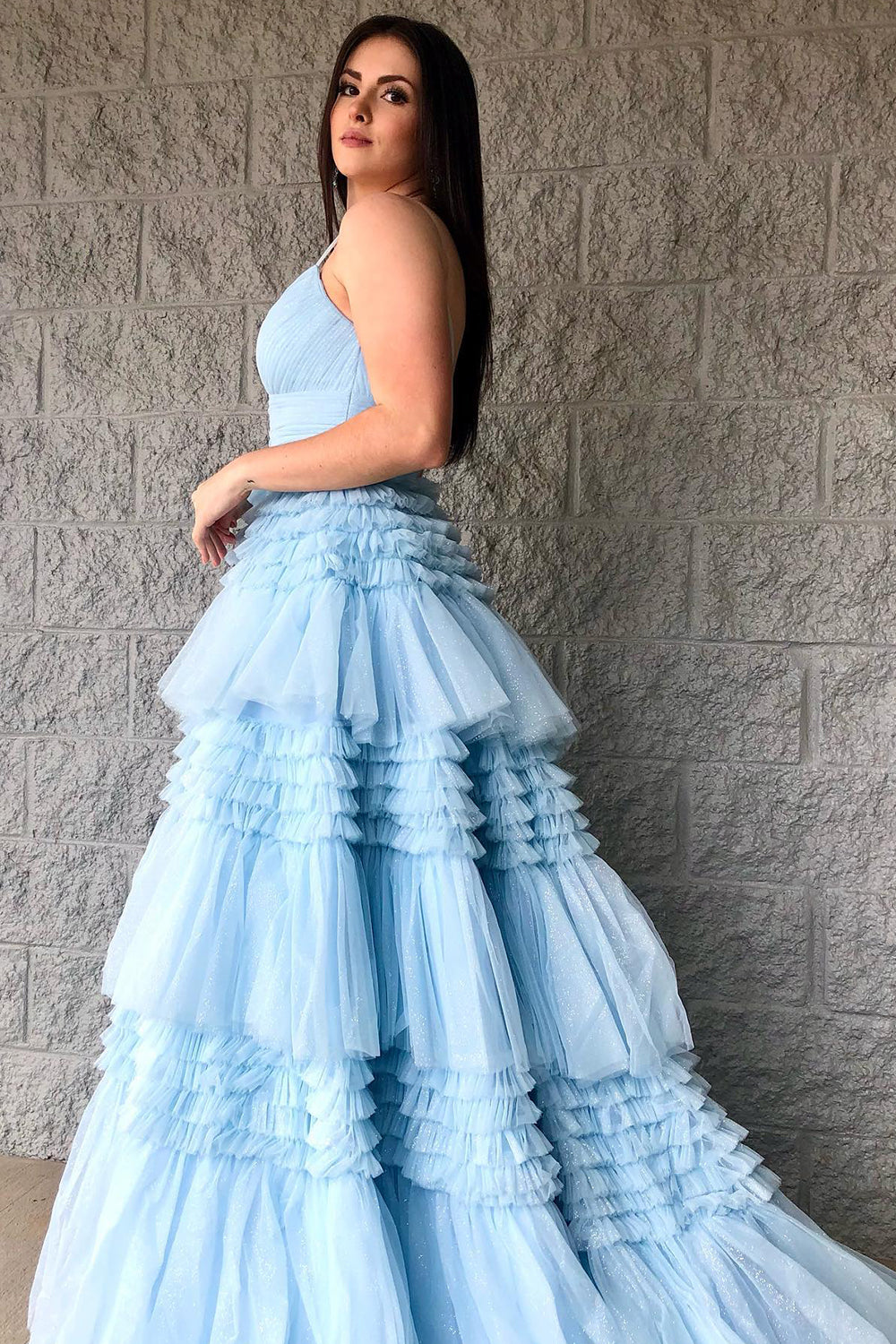 Long White Prom Dress with Tiered Tulle and Spaghetti Straps Featuring a Slit