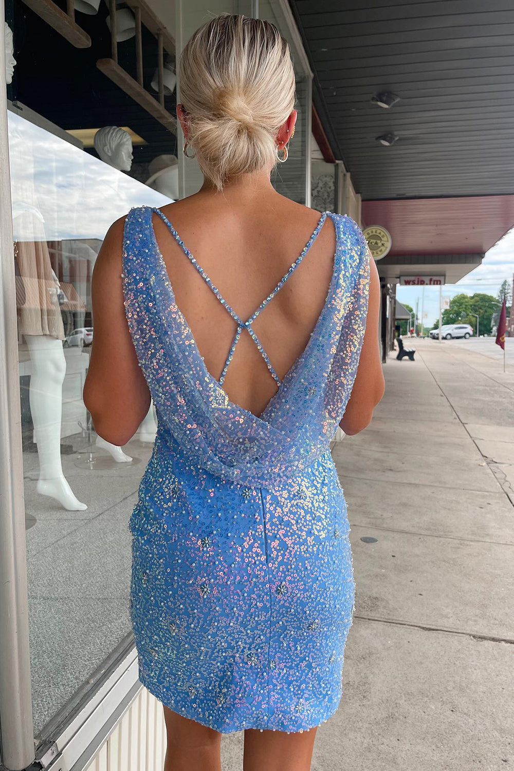 Sky Blue Sequins Sheath Homecoming Dress/Mini Dress with Split Front