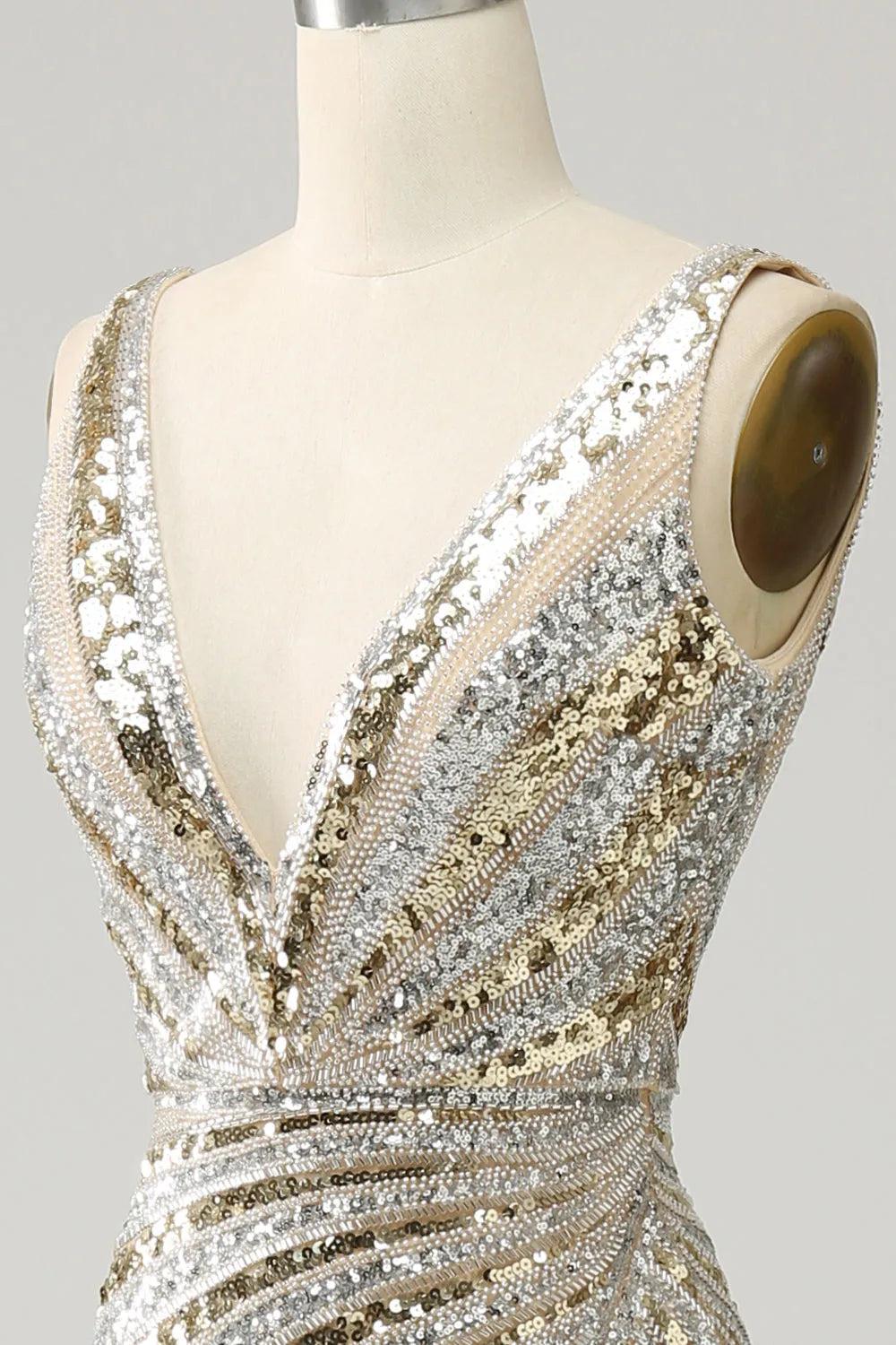 Golden Sparkle Mermaid Prom Dress with Deep V-Neck and Sequins