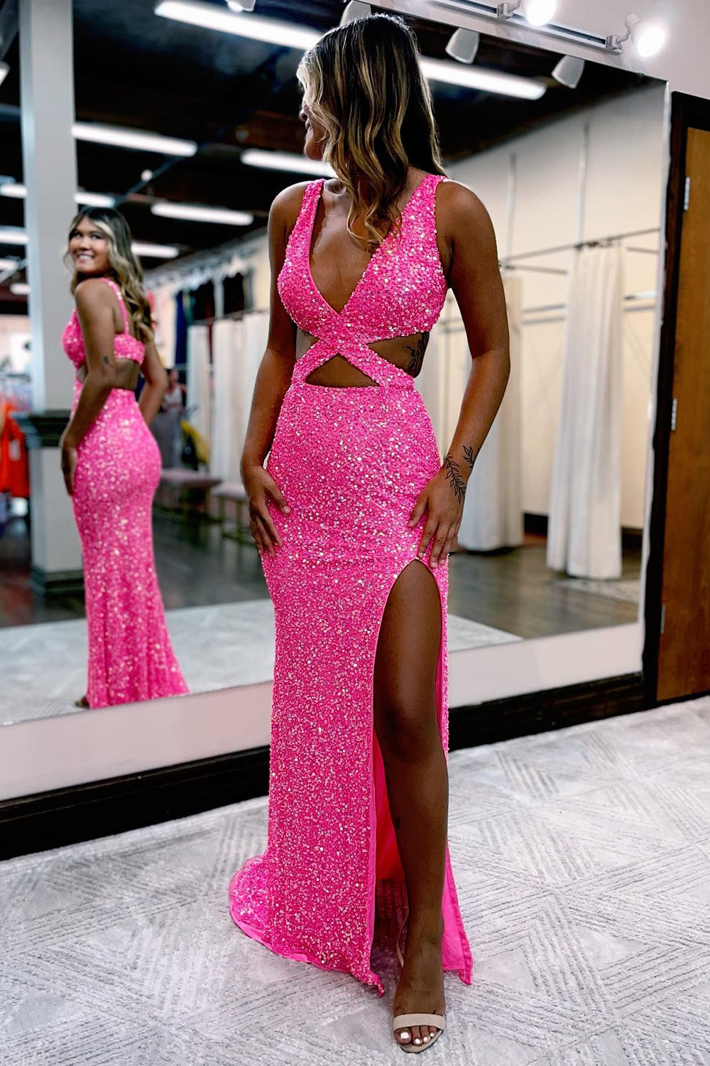 Mermaid Prom Dress with Hollow-Out Design in Hot Pink Sequins