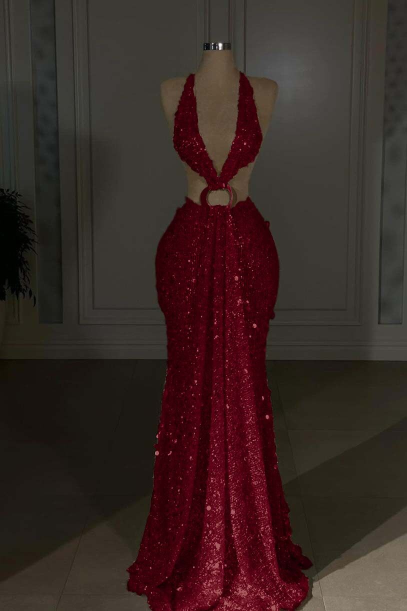 Halter Sleeveless Backless Long Mermaid Formal Dress With Sequins