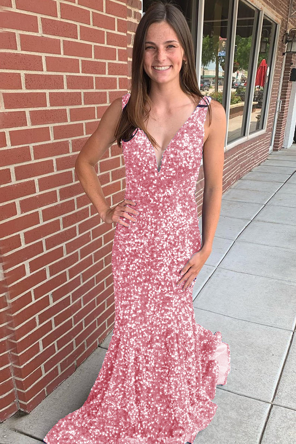Long Prom Dress with Sequins in Mermaid Blue V-Neck