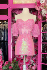 Sparkly Pink Corset Detachable Short Sleeves Sequins Tight Short Homecoming Dress/Mini Dress with Lace