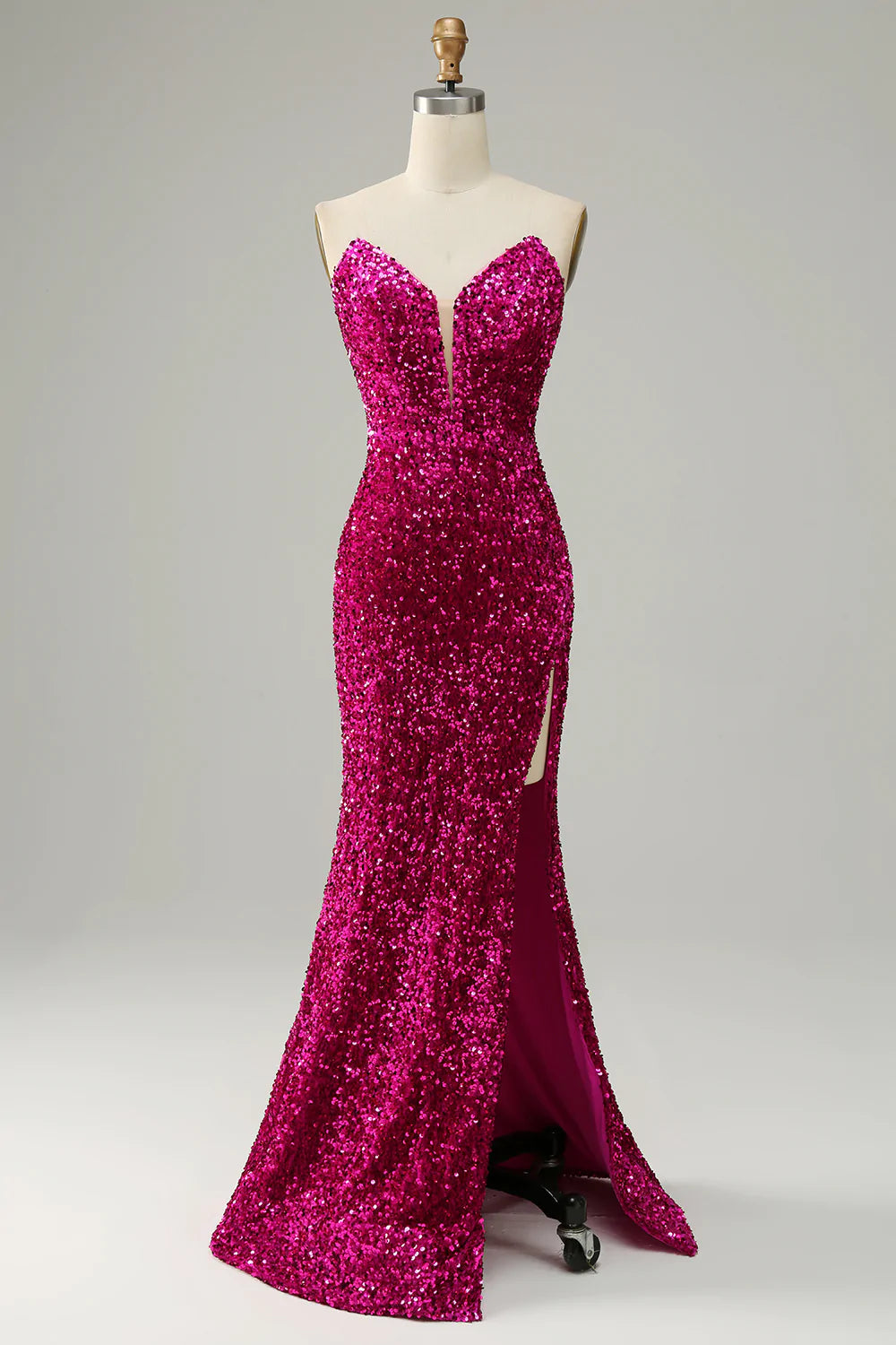 Strapless Sequin Prom Dress in Hot Pink Featuring a Slit