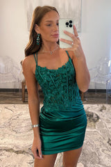 Glitter Dark Green Corset Spaghetti Straps Tight Short Homecoming Dress/Mini Dress with Lace