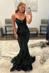 Dark Green Sequined Long Prom Dress with Sweetheart Mermaid Silhouette