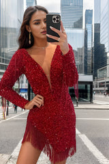 Sparkly Dark Red Sequined Long Sleeves Tight Short Homecoming Dress/Mini Dress with Fringes