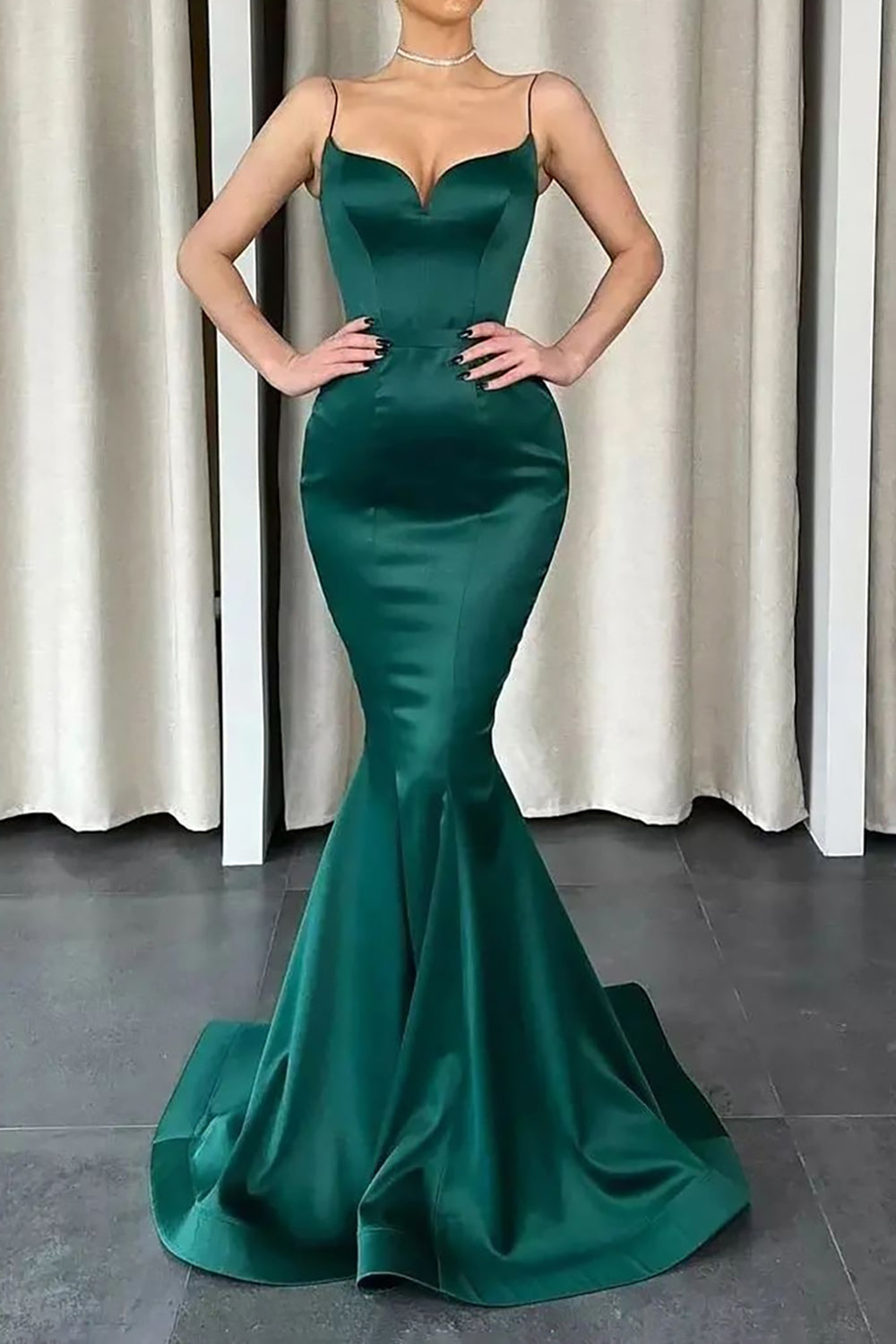 Long Dark Green Prom Dress with Mermaid Spaghetti Straps