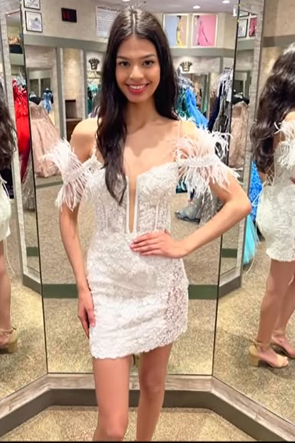 Sparkly Black Lace Tight Short Homecoming Dress/Mini Dress with Feathers