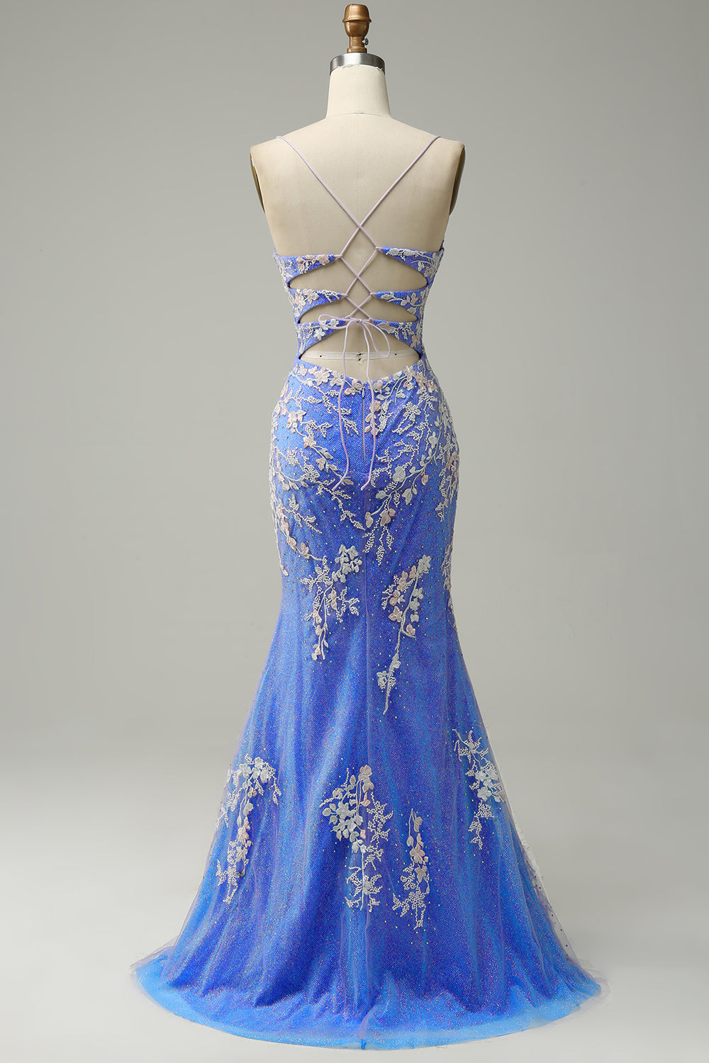 Long Blue Mermaid Prom Dress with Glitter Lace and Slit