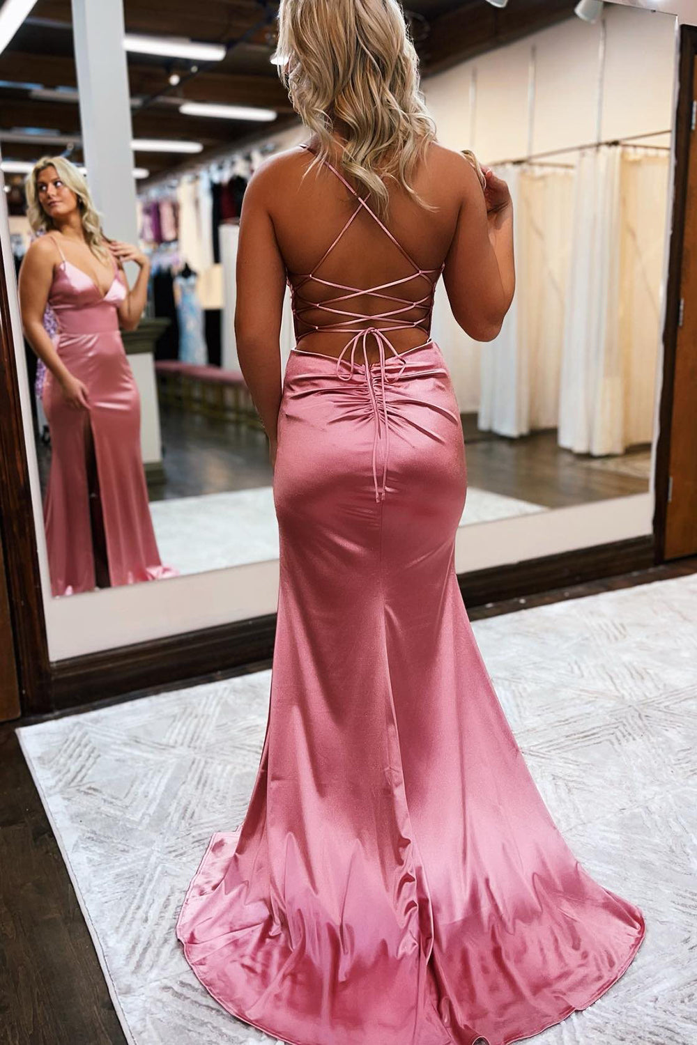 Long Blue Prom Dress with Spaghetti Straps and Silt Sheath
